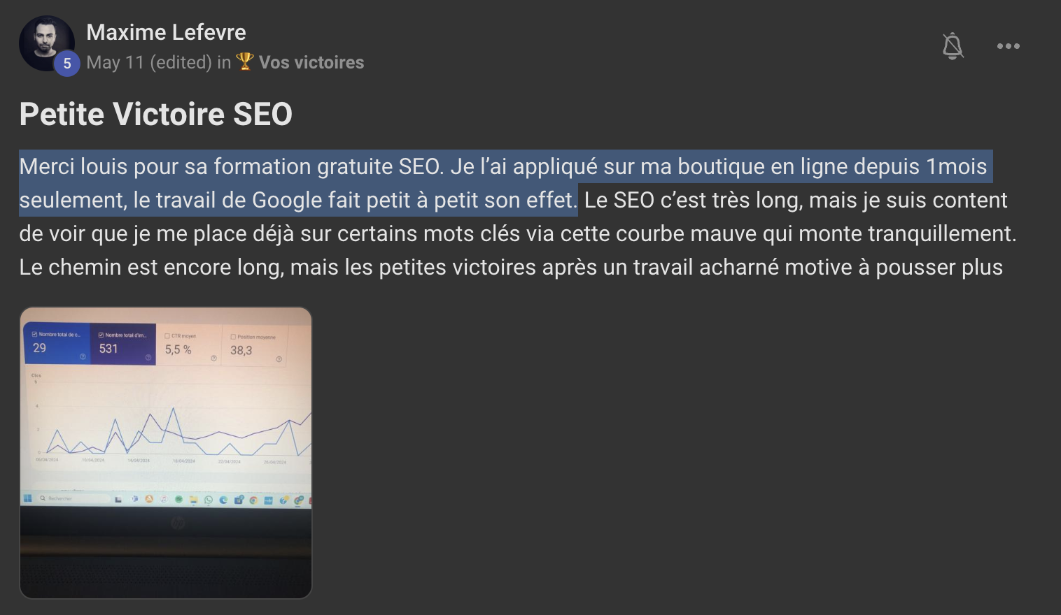 Capture de l'avis de Maxime Lefevre