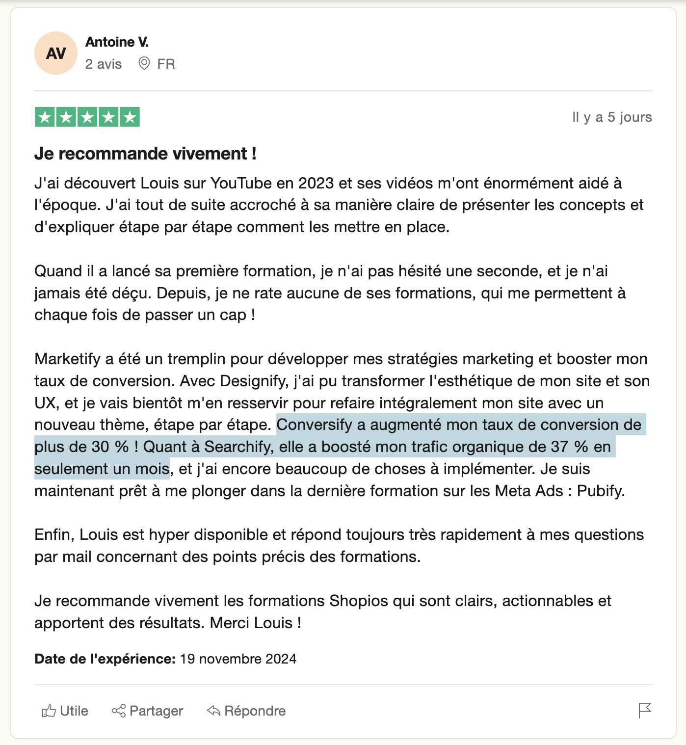 Capture de l'avis de Antoine V.