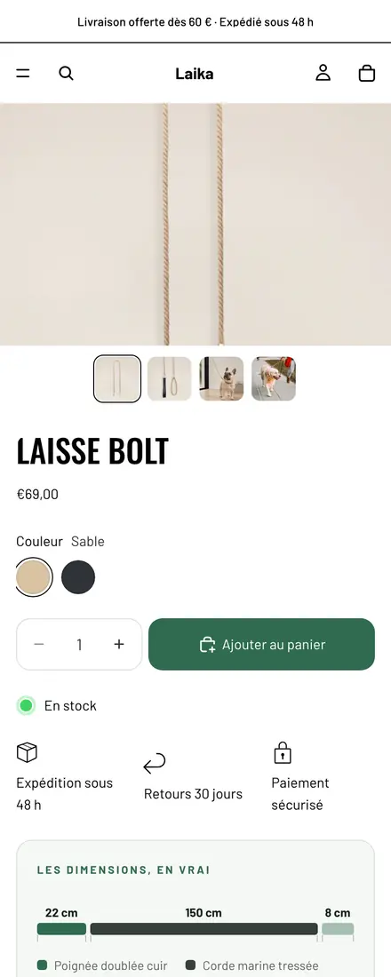 Fiche produit de la boutique Laika, sur téléphone