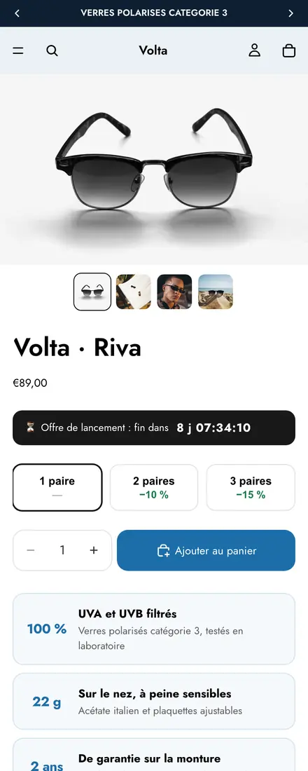 Fiche produit de la boutique Volta, sur téléphone